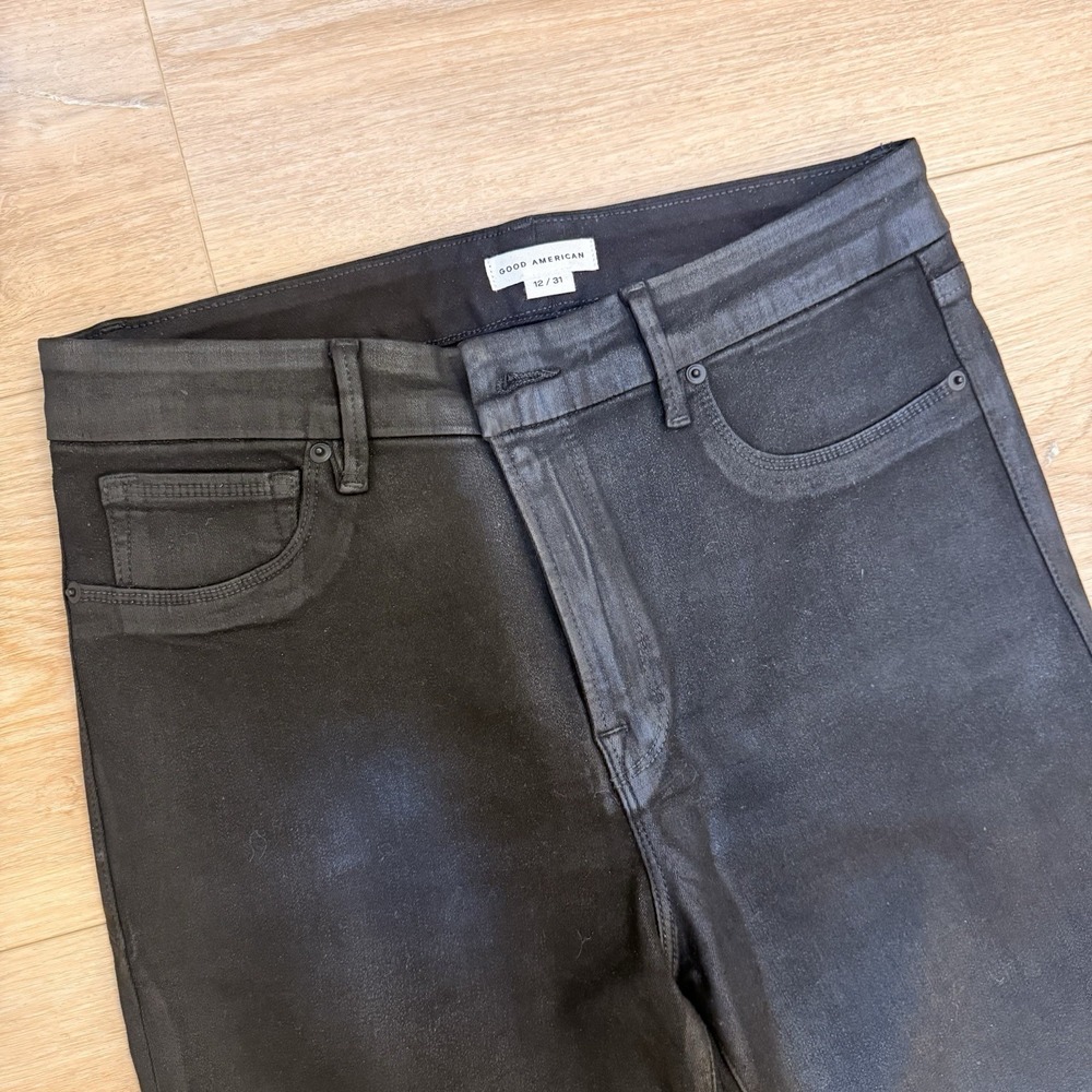 Good American Straight Legs Jeans Womens 12/31 Black Wax Coated High-Rise Crop